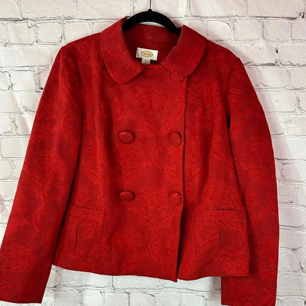 Talbots red blazer jacket sz medium cotton blend tapestry textured material